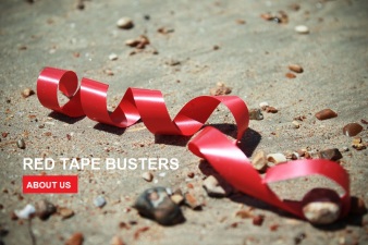 Red tape blowing in the wind, Red Tape Busters, link to about us